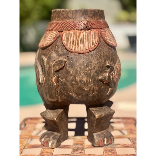 Early 20th Century Early 20th Century African Carved Ritual Vessel — Zoomorphic Mortar on Human Feet With Red Ochre For Sale - Image 5 of 8