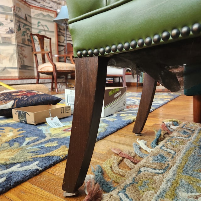 Mid 20th Century Mid 20th Century MCM Library Chair Moss Green Leather Blend/Woven Fabric With Button Tuft & Nailtacks, Swirled Arms, Dark Wood, Executives For Sale - Image 5 of 13