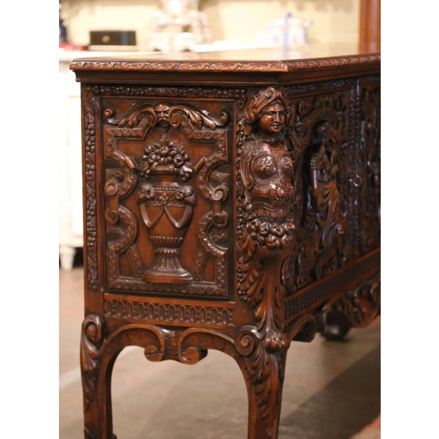 19th C. Italian Renaissance Revival Carved Walnut Credenza With Figural Panels For Sale - Image 11 of 12