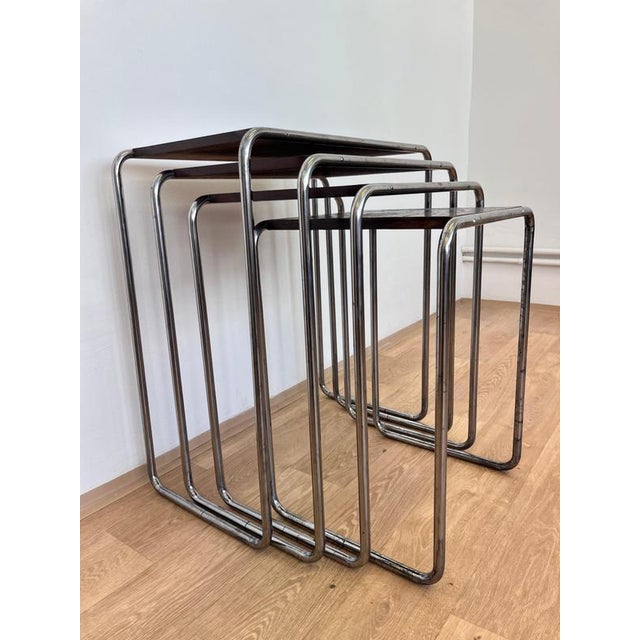 Wood Bauhaus Chrome B9 Nesting Tables attributed to Jindrich Halabala, 1930, Set of 4 For Sale - Image 7 of 12