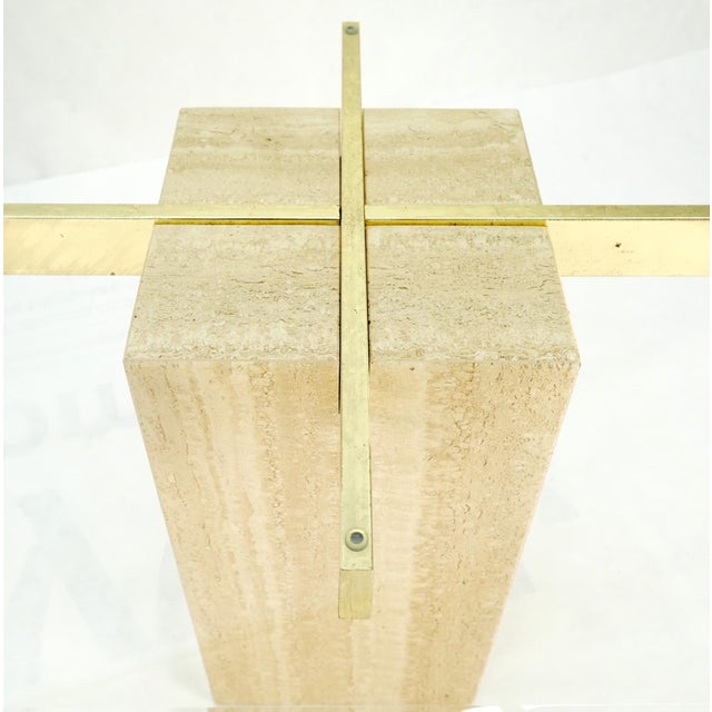 Mid-Century Modern Pair Travertine Bases Cross Support Glass Top End Side Occational Tables Stands For Sale - Image 3 of 15