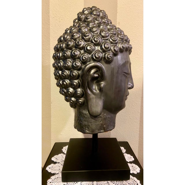 2000 - 2009 Extra Large Ceramic Buddha Head Sculpture Mounted on a Metal Stand For Sale - Image 5 of 12