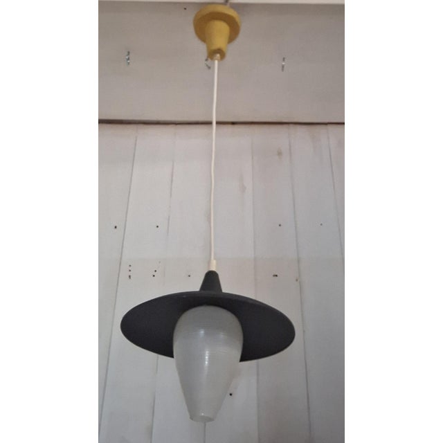 Mid-Century Yellow and Black Lantern-Shaped Pendant Light with White Lined Glass Shade, 1960s For Sale - Image 6 of 7