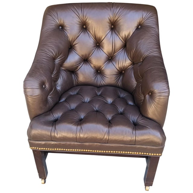 Coffee Experience the Height of Classic Luxury With This Leather Chesterfield Chair With Elegant Brass Nailhead Trim. For Sale - Image 8 of 9