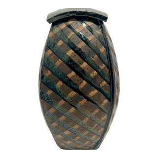 Vintage Signed Hammer Studio Pottery Vase | Brutalist MCM | Checkered Harlequin Pattern | Teal Glaze | Sculptural Square Mouth For Sale