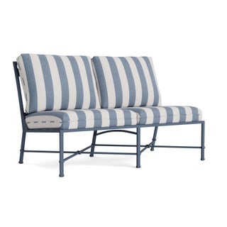 Brown Jordan Venetian Armless Loveseat in Sapphire with Sapphire Stripe Cushions For Sale