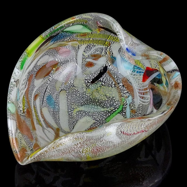 Beautiful vintage Murano hand blown silver leaf with confetti decoration Italian art glass heart shaped bowl. The piece...