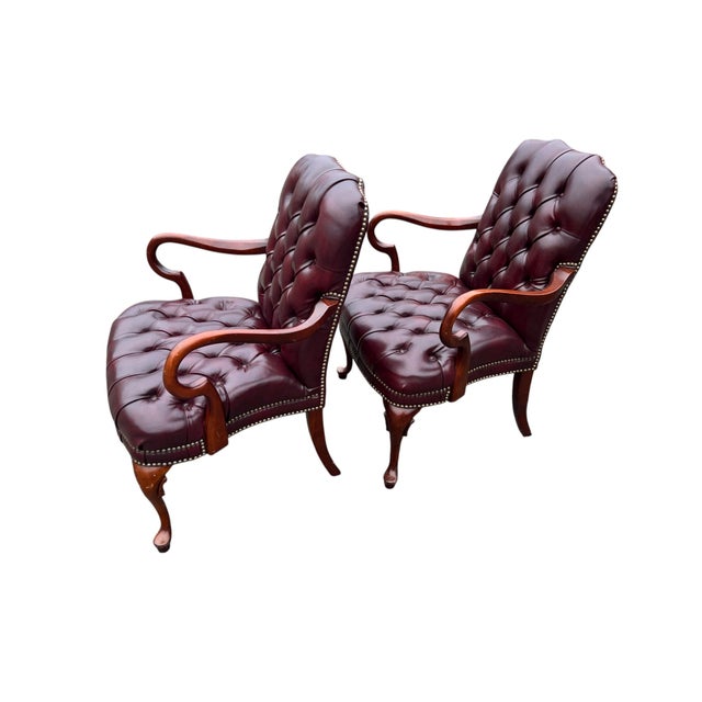 Late 20th Century Pair Red Chesterfield Tufted Leather Gooseneck Library Armchairs For Sale In New York - Image 6 of 15