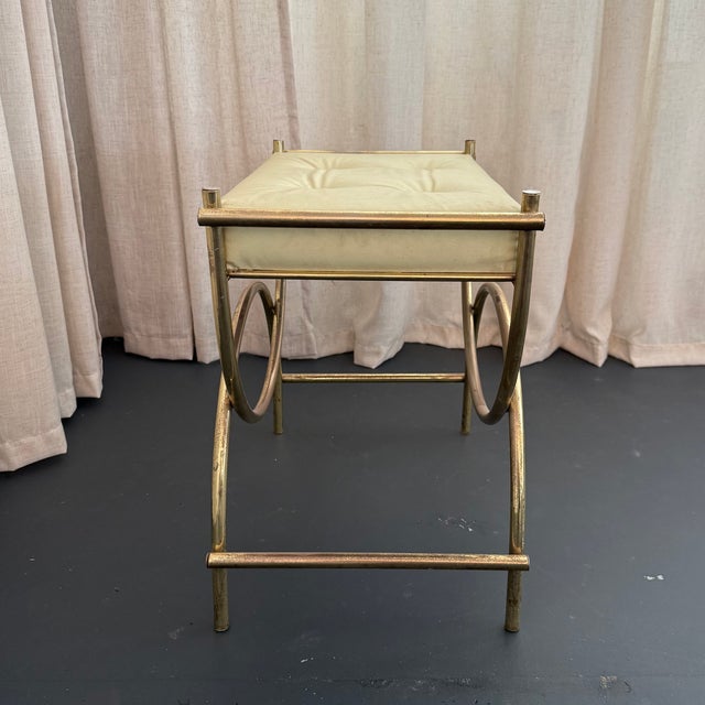 Hollywood Regency Hollywood Regency Brass Toned Tufted Vinly Curule Vanity Stool For Sale - Image 3 of 7