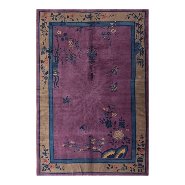 1920s Purple Floral Antique Chinese Art Deco Carpet 6'2"x8'9" Knotted Wool Rug For Sale