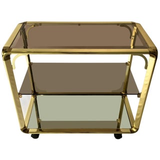 Vintage 1970s Smoked Glass & Mirror Brass Bar Cart For Sale