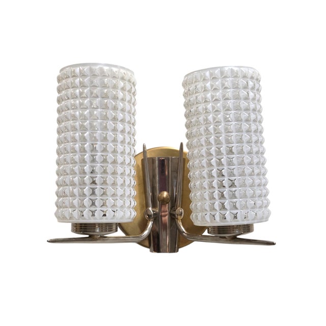 Vintage Enameled Glass, Brass & Nickel Two Light Wall Sconces - Set of Three For Sale - Image 9 of 17