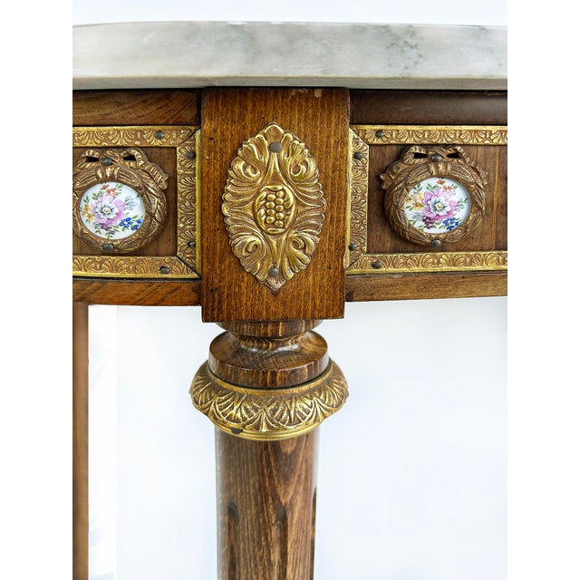 1970s Louis XVI Marble Top Console Table, Gilt Bronze, Porcelain Hand-Painted Plaques For Sale - Image 10 of 14