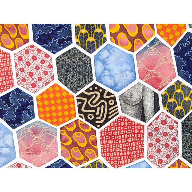 Tina Ruyi "The Quilt" Abstract Colorful Geometric Pattern with Nude Figures Watercolor, 2023 For Sale - Image 10 of 10