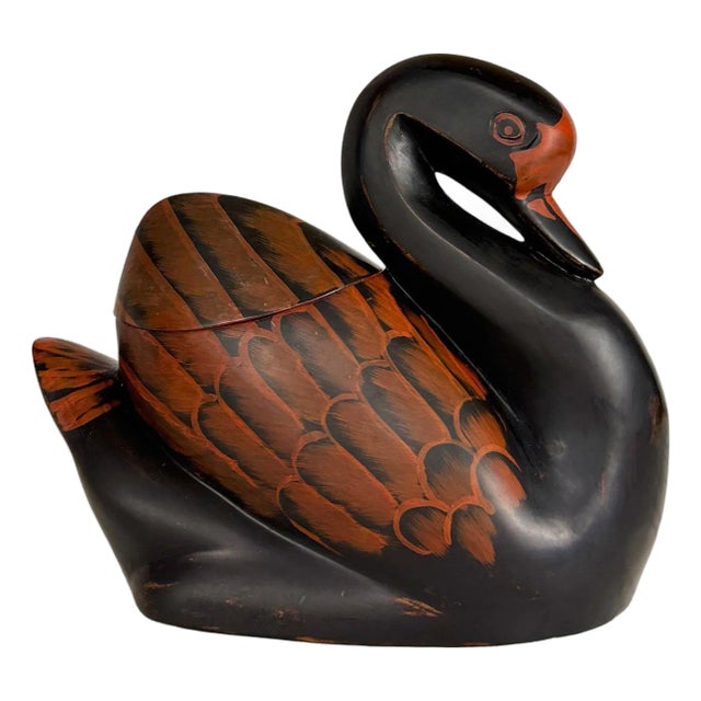 Vintage Chinese Black & Red Lacquer Swan Storage Box Jar For Sale