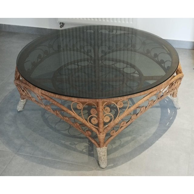 Large French Riviera Style Peacock Coffee Table in Rattan, Bamboo and Glass, 1970s For Sale - Image 14 of 18