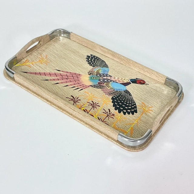 Farmhouse 1960s Vintage Rustic Farmhouse Boho Chic Large Cerused Oak Pheasant Tray, Small, Thanksgiving For Sale - Image 3 of 10