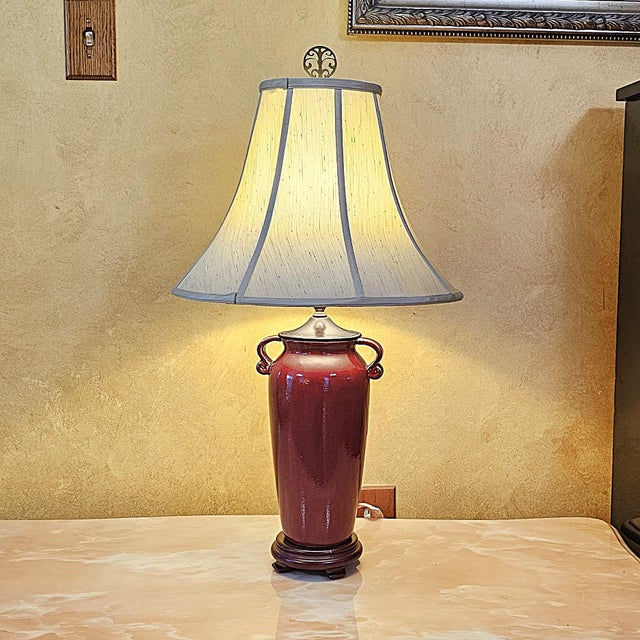 Vintage Burgundy Glazed Ceramic Table Lamp With Bell Shade, Circa Late 20th Century For Sale - Image 4 of 18