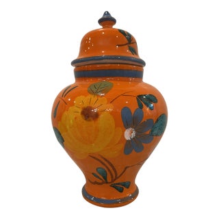 Mid-Century Chinoiserie Hand Painted Orange Italian Lidded Pottery Ginger Jar For Sale