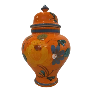 Mid-Century Chinoiserie Hand Painted Orange Italian Lidded Pottery Ginger Jar