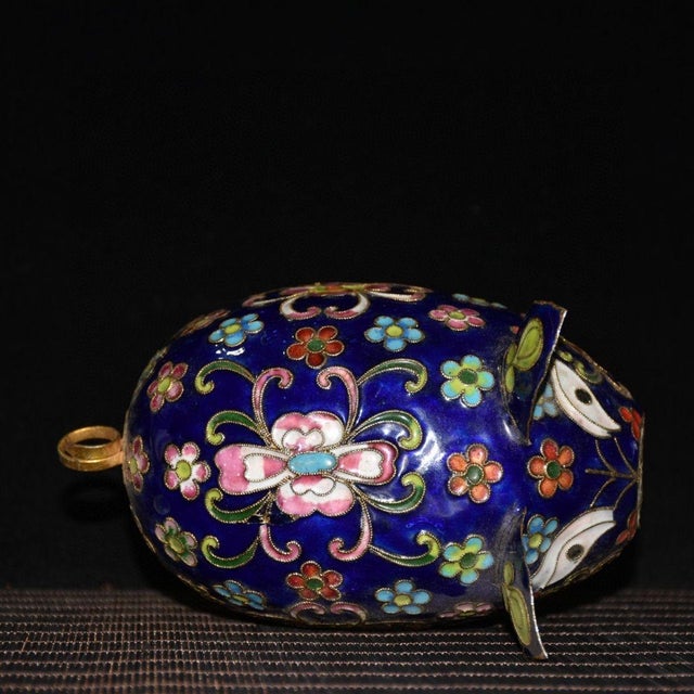 Handmade Cloisonne Pig Figurine, Deep Blue Ground Wire Inlaid Floral Motif, Chinoiserie Table Decor For Sale - Image 9 of 9