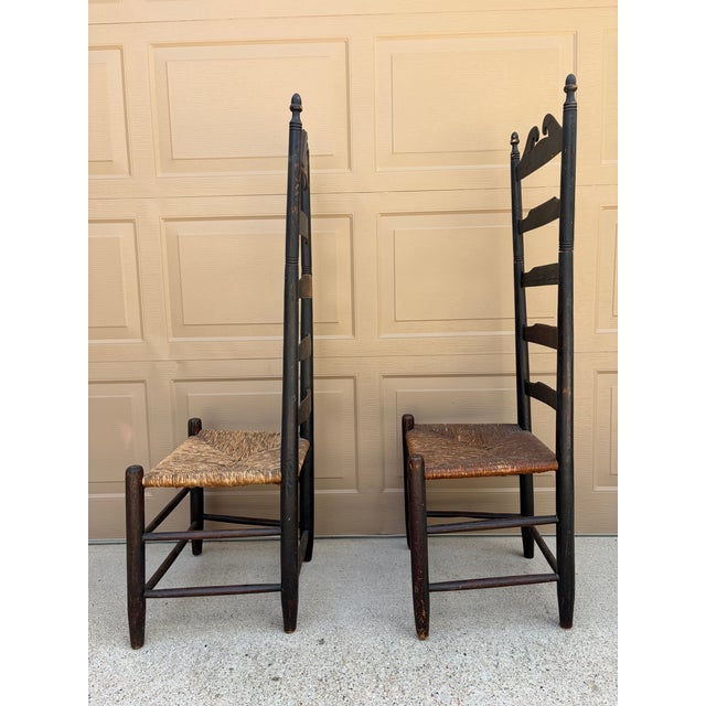 Pair of Antique Black Painted Shaker Ladder Back Chairs With Rush Seats For Sale - Image 12 of 18