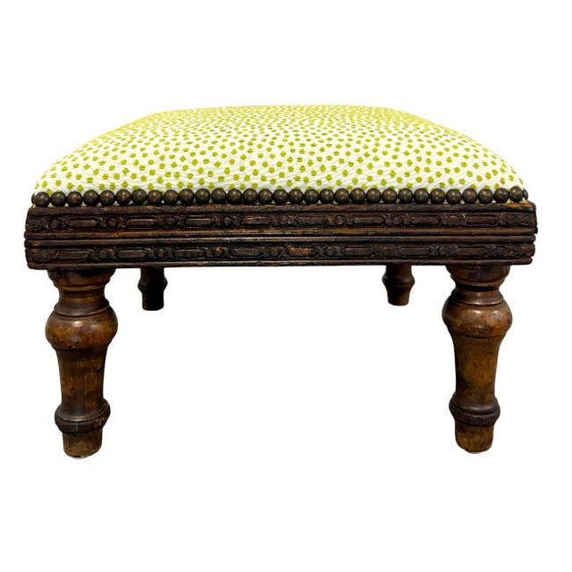 Antique Carved Footstool With Nailheads For Sale - Image 4 of 5