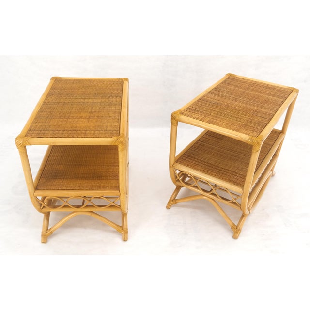 Pair Rattan Bamboo Grass Cloth Top Two Tier End Side Tables Stands Magazine Rack For Sale - Image 9 of 14