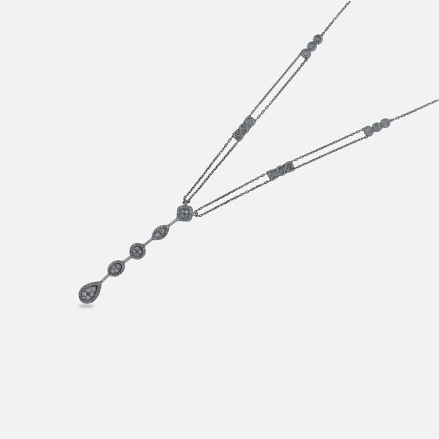 Multi Shape Halo Pave Diamond 18 Karat White Gold Pendant Drop Lariat Necklace For Sale - Image 4 of 9