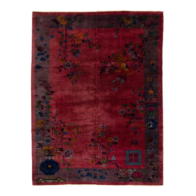 Antique Art Deco Handmade Chinese Wool Rug in Burgundy Red For Sale