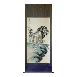 Chinese Black White Ink Lion Theme Scroll Painting Original Wall Art