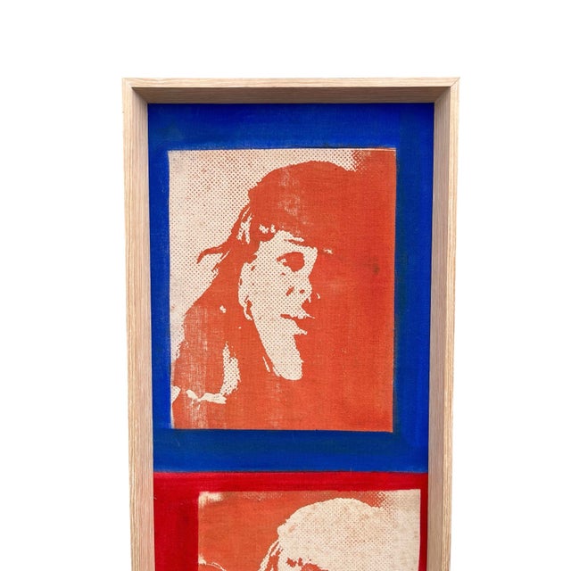 A vintage screenprint on canvas depicting three versions of a female face in the style of Andy Warhol by Chicago artist...