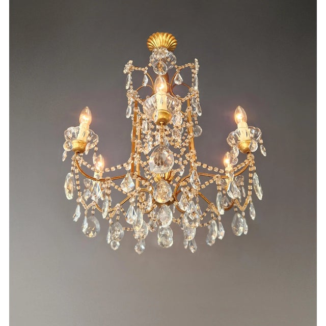 Gilded Iron and Crystal Chandelier Italian Louis XVI Style Antique Neoclassical For Sale - Image 6 of 14