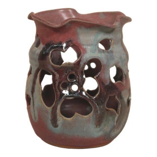 Vintage Sculptural Studio Pottery Pierced Ceramic Vessel Candle Holder With Organic Drip Glaze For Sale
