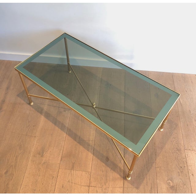 1940s Neoclassical style gold metal coffee table with blueish glass top For Sale - Image 4 of 12