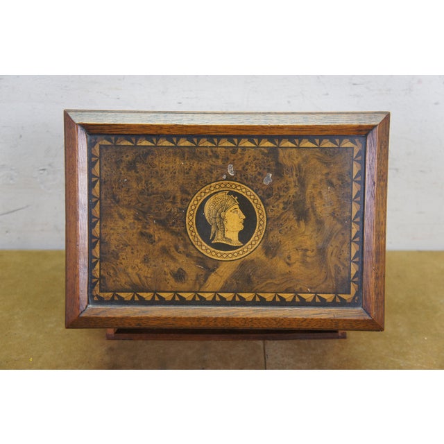 Early 20th Century Antique Victorian Oak Grand Tour Box Neoclassical Inlay Greek Key Vanity Drawer For Sale - Image 5 of 16