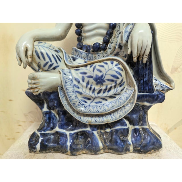 Chinese Vintage Ceramic Buddhist Sculpture,Hand Carved Blue and White Porcelain the Eighteen Arhats Statue For Sale - Image 4 of 10