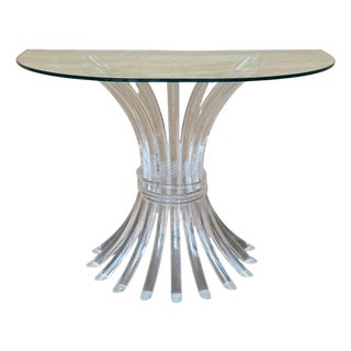 Mid 20th Century Demilune Console Table with Pedestal Lucite Base and Clear top Glass For Sale