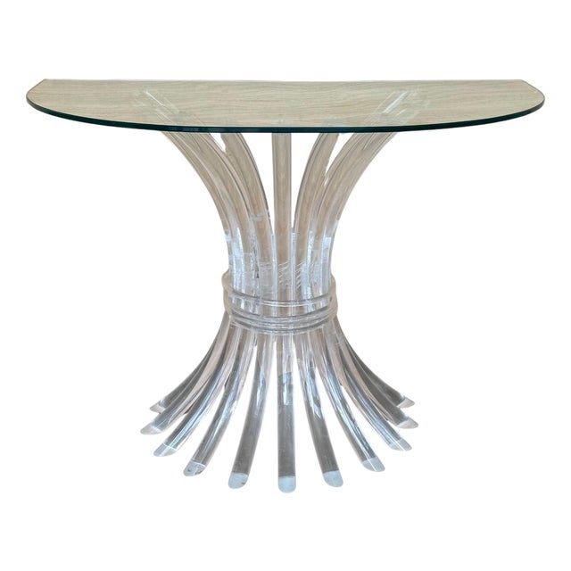 Mid 20th Century Demilune Console Table with Pedestal Lucite Base and Clear top Glass For Sale