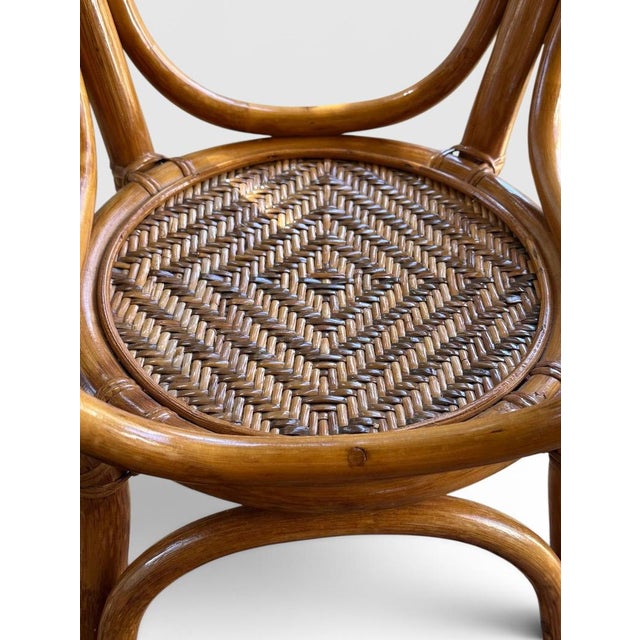 Vintage French Style Bistro Bamboo and Rattan Dining Set Round Glass Top Table and Four Armchairs 5 Pieces For Sale - Image 13 of 16