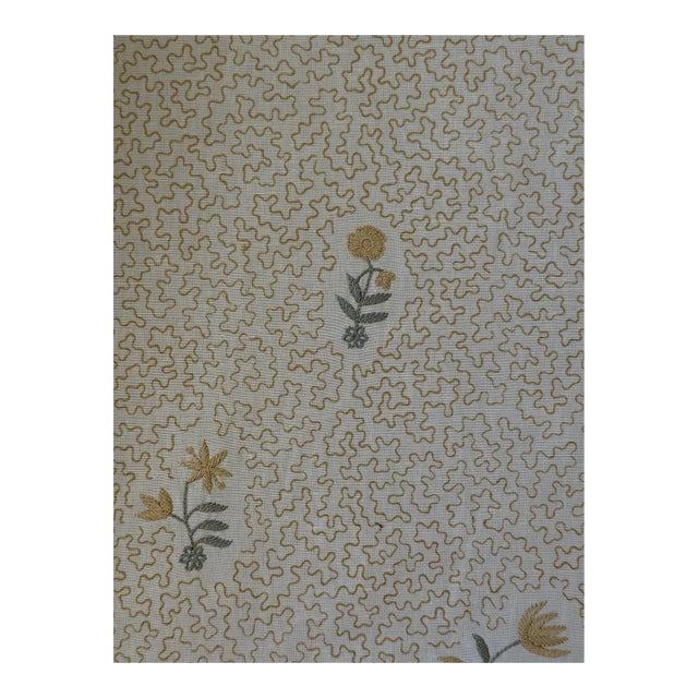 Chelsea Textiles Wildflowers on Printed Squiggles in Faded Yellow Screen Printed by Hand With Hand Embroidered Detail Fabric 1 1/4 Yards For Sale