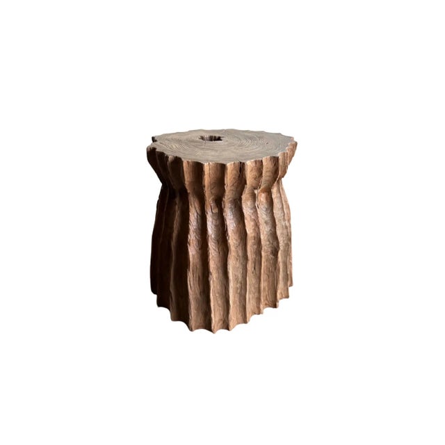 2020s Sculptural Teak Wood Side Table Organic Fluted Form With Hand-Carved Texture For Sale - Image 5 of 7