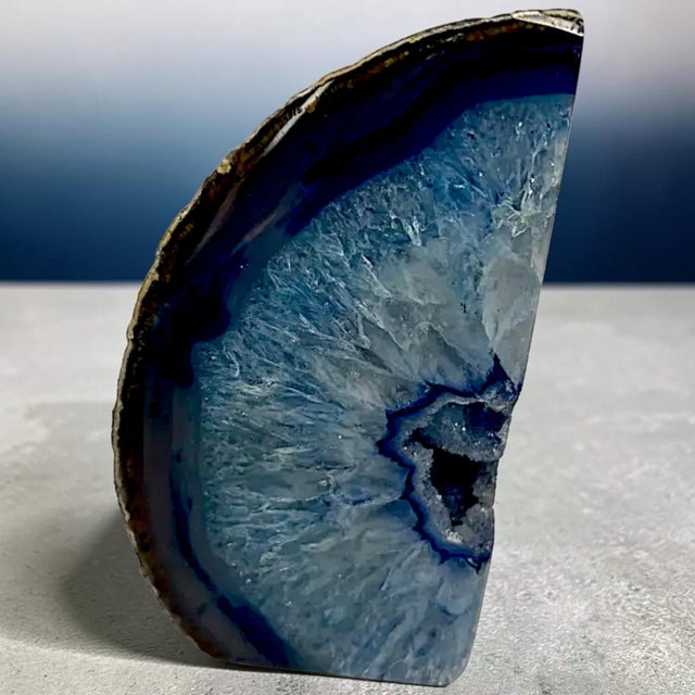 Vintage Brazilian "Blue Shot Eyes" Polished Dyed Agate Geode Bookends - A Pair For Sale - Image 4 of 10