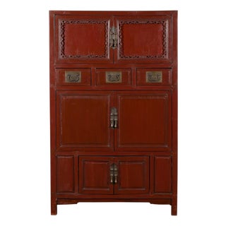 Red Lacquer Cabinet With Multiple Carved Doors From China, Mid-19th Century For Sale