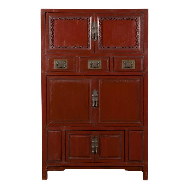 Red Lacquer Cabinet With Multiple Carved Doors From China, Mid-19th Century For Sale