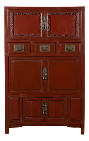 Red Lacquer Cabinet With Multiple Carved Doors From China, Mid-19th Century