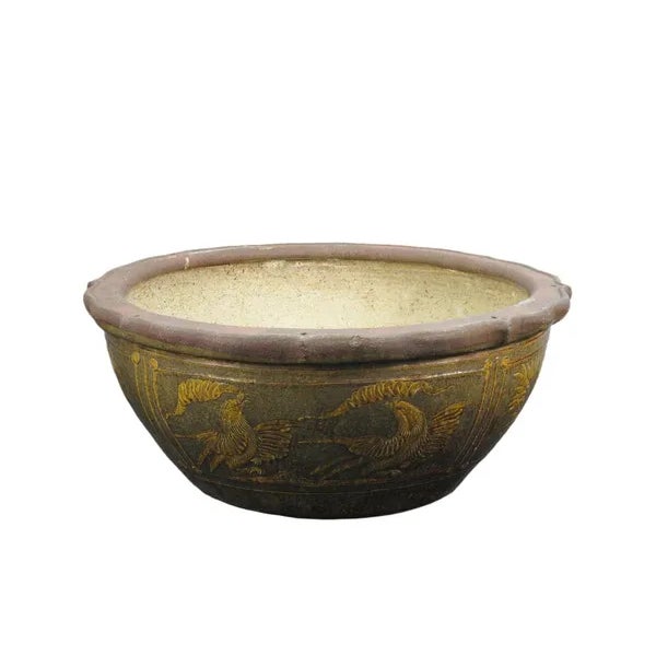 1990s Large Glazed Earthenware Planter With Hand Painted Mystic Birds and Plants For Sale - Image 5 of 10