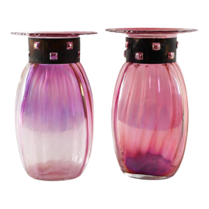 Pair of Mid 20th Century Blown Iridescent Czech Glass Vases With Copper Collars