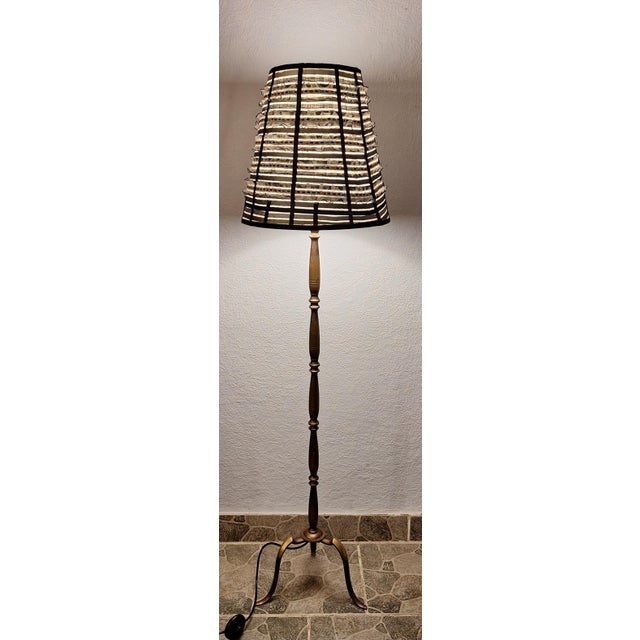Black Mid-Century Floor Lamp with Brass Base and Fabric Shade from Lamplove, 1950s For Sale - Image 8 of 8