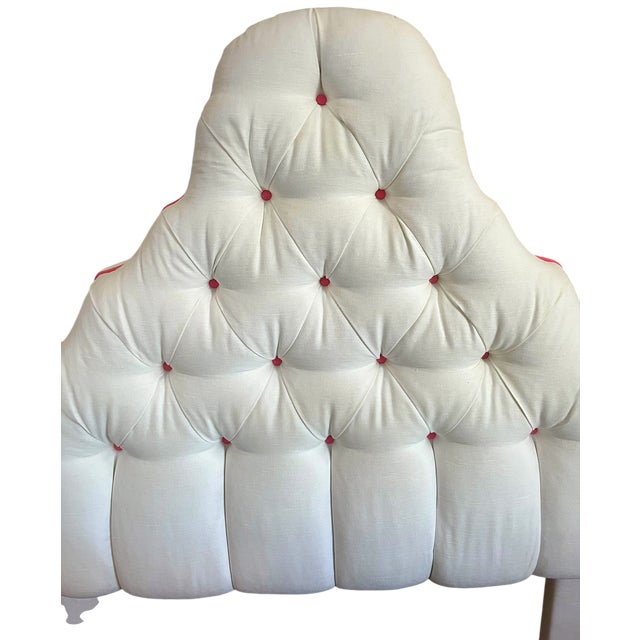 Chinoiserie Custom Upholstered Twin Headboards in Ivory Canvas With Pink Contrast Welt Scalloped Silhouette Coastal Hollywood Regency For Sale - Image 3 of 15